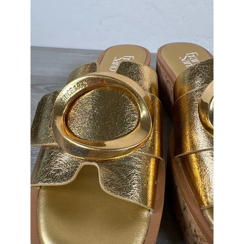 Franco Sarto Hoda Metallic Gold Cork Platform Slide Sandals Buckle Womens 7M